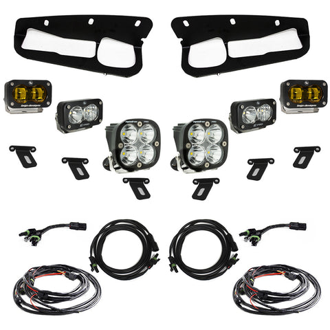 Baja Designs S2 SAE Pro Fog Pocket Light Kit, complete kit on a studio background: two black fog pocket bezels