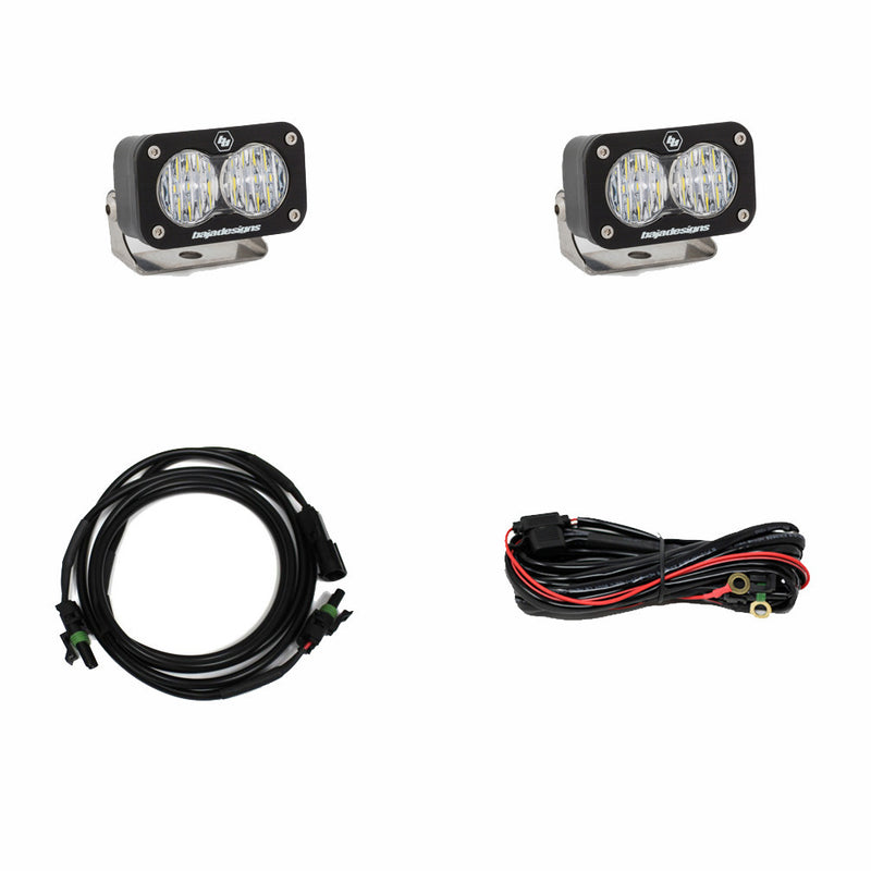 Baja Designs S2 Sport Dual Reverse Light Kit, complete kit on a studio background: pair of S2 Sport LED pods with an extension cable and a relay wiring harness on white