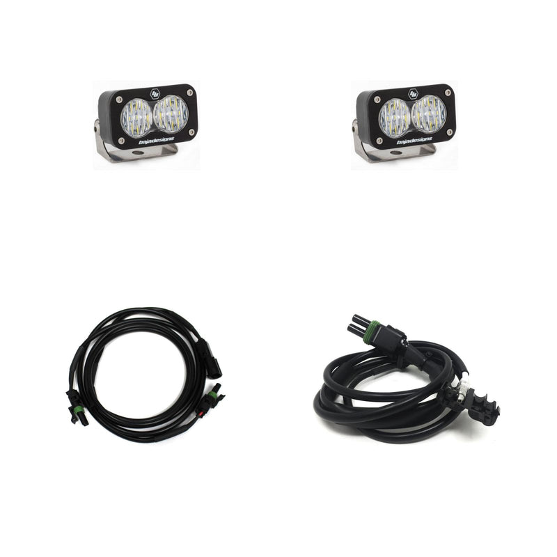 Baja Designs S2 Sport Dual Reverse Light Kit, complete kit on a studio background: pair of S2 Sport LED pods with two plug-in cables on white