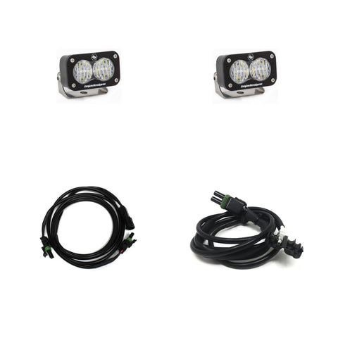 Baja Designs S2 Sport Dual Reverse Light Kit, complete kit on a studio background: pair of S2 Sport LED pods with two plug-in cables on white