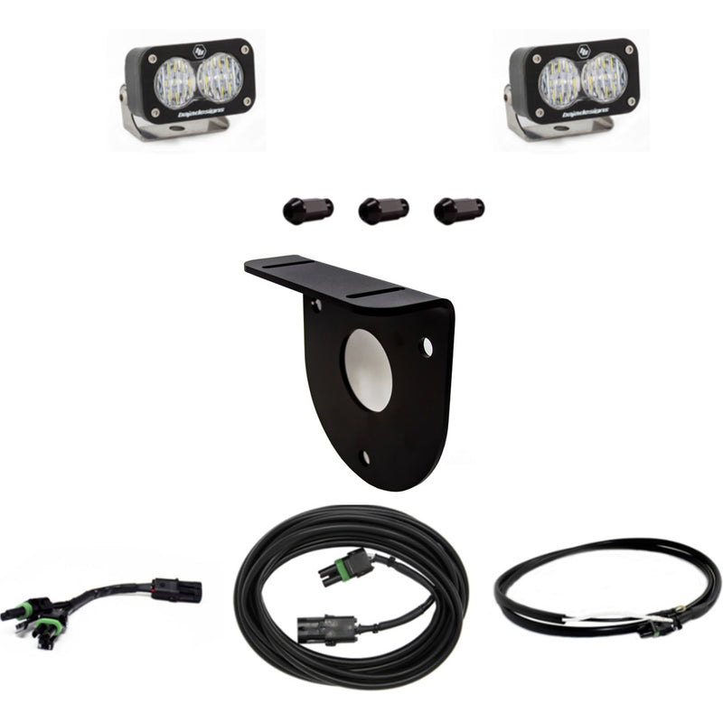 Baja Designs S2 Sport Dual Reverse Light Kit, complete kit on a studio background: pair of S2 Sport pods with a spare-tire bracket, spacers, an adapter and two cables on white