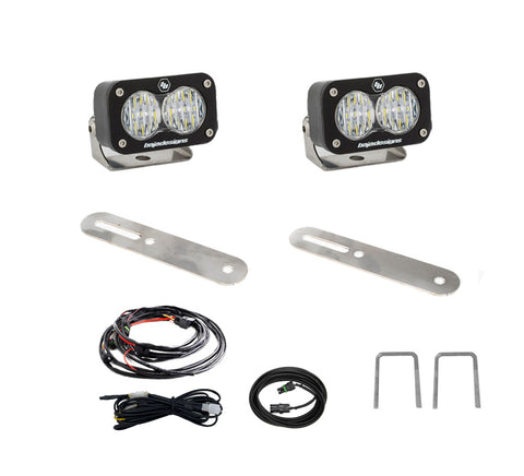 Baja Designs S2 Sport Dual Reverse Light Kit, complete kit on a studio background: two black S2 LED pods