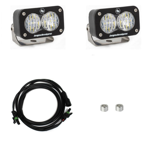 Baja Designs S2 Sport Dual Reverse Light Kit, complete kit on a studio background: two S2 Sport LED pods with clear lenses, a wiring harness and two small spacers on a white background