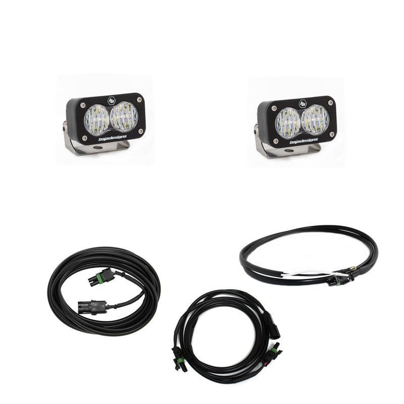 Baja Designs S2 Sport Dual Reverse Light Kit, complete kit on a studio background: two S2 Sport LED pods with clear lenses and three wiring cables on a white background