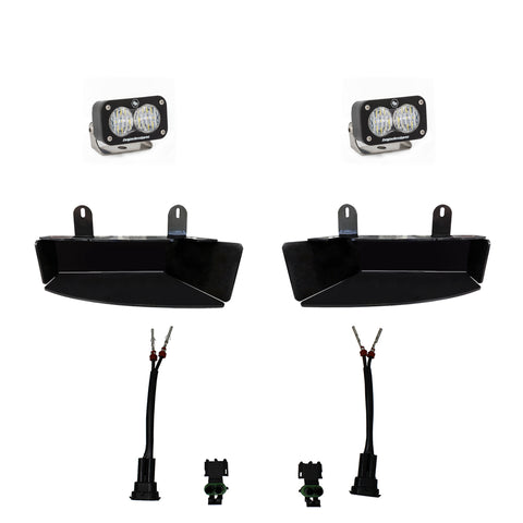 Baja Designs S2 Sport Fog Pocket Light Kit, complete kit on a studio background: pair of black S2 Sport pods with clear lenses, two black fog pocket bezels and two adapter harnesses on white