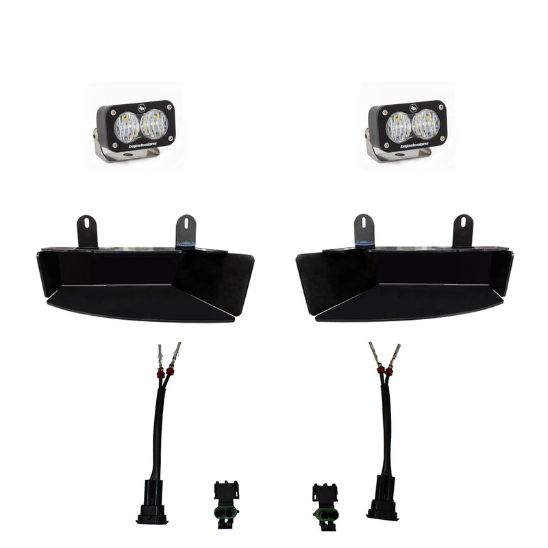 Baja Designs S2 Sport Fog Pocket Light Kit, complete kit on a studio background: pair of black S2 Sport pods with clear lenses, two black fog pocket bezels and two adapter harnesses on white