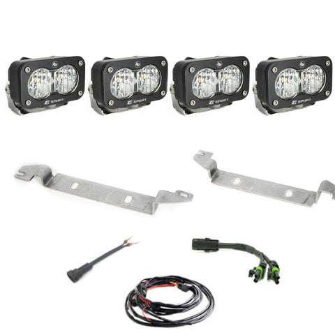 Baja Designs S2 Sport OEM Fog Light Replacement Kit, complete kit on a studio background: four black S2 Sport pods