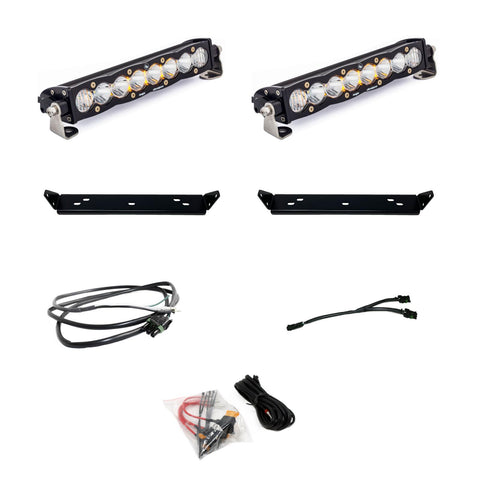 Baja Designs S8 10" Dual Behind Grille Light Bar Kit, complete kit on a studio background: two 10" S8 LED light bars with clear lenses, two black mounting plates, harnesses, a splitter and a relay kit on white