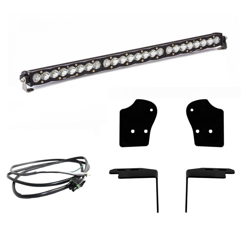 Baja Designs S8 30" Grille Upper Light Bar Kit, complete kit on a studio background: an S8 30" light bar with four black mounting plates and a wiring harness on white