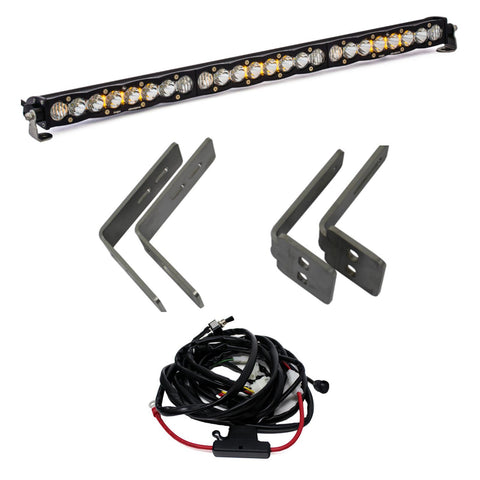 Baja Designs S8 30" Grille Upper Mount Kit, complete kit on a studio background: A 30" S8 LED light bar