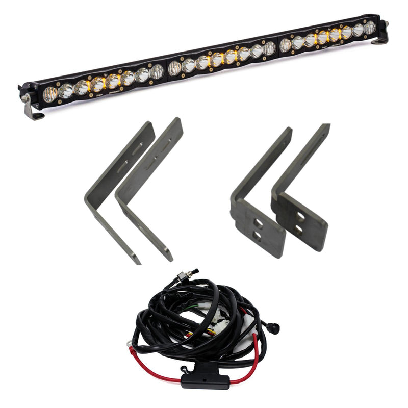 Baja Designs S8 30" Grille Upper Mount Kit, complete kit on a studio background: A 30" S8 LED light bar