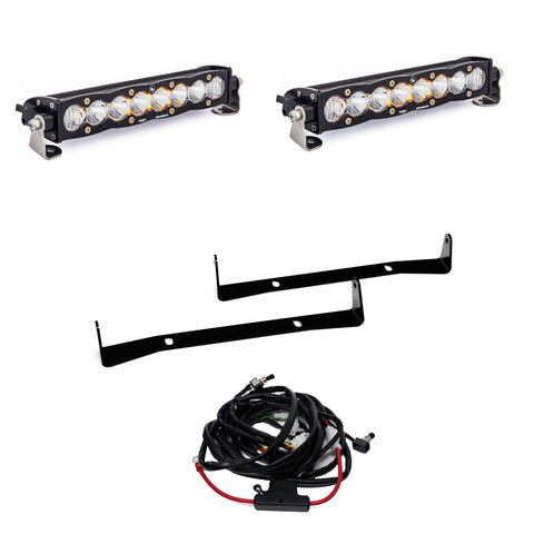Baja Designs S8 Dual 10" Grille Upper Light Kit, complete kit on a studio background: two S8 10" light bars with two black mounting strips and a wiring harness on white