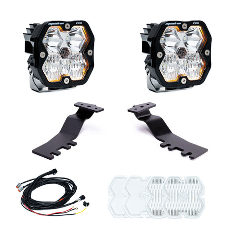 Baja Designs Squadron 2.0 Pro A-Pillar Light Kit, complete kit on a studio background: A pair of Squadron Pro pods