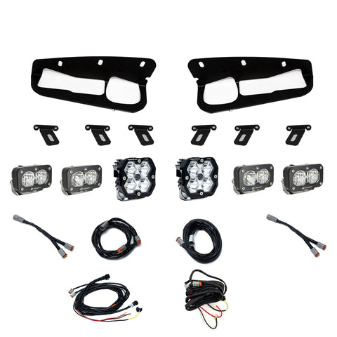 Baja Designs Squadron 2.0 Pro/Dual S2 Sport Fog Pocket Light Kit, complete kit on a studio background: fog pocket light kit on white