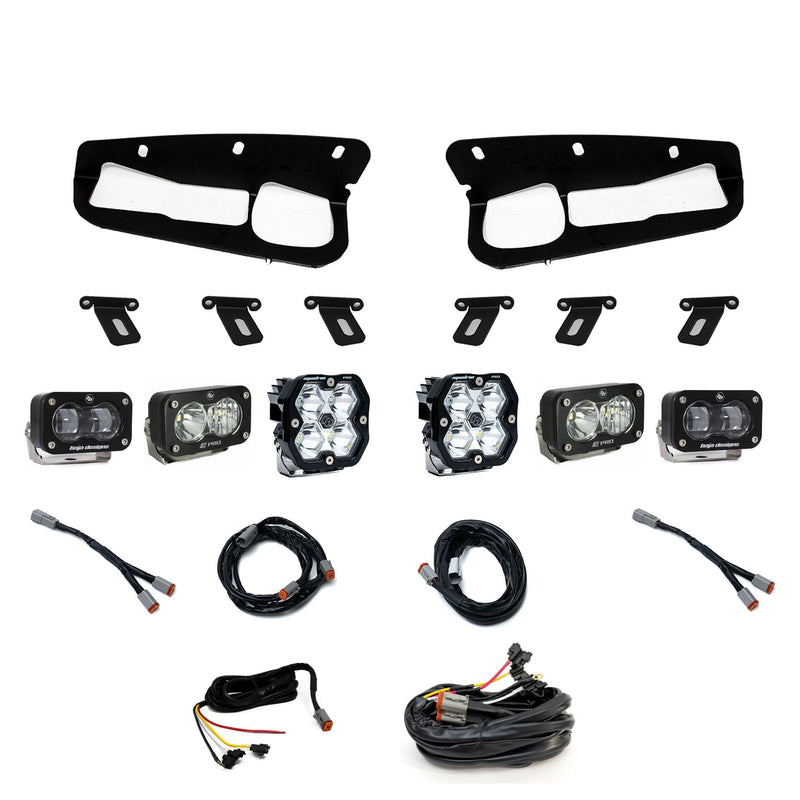 Baja Designs Squadron 2.0 Pro/S2 Pro/S2 SAE Pro Fog Pocket Light Kit, complete kit on a studio background