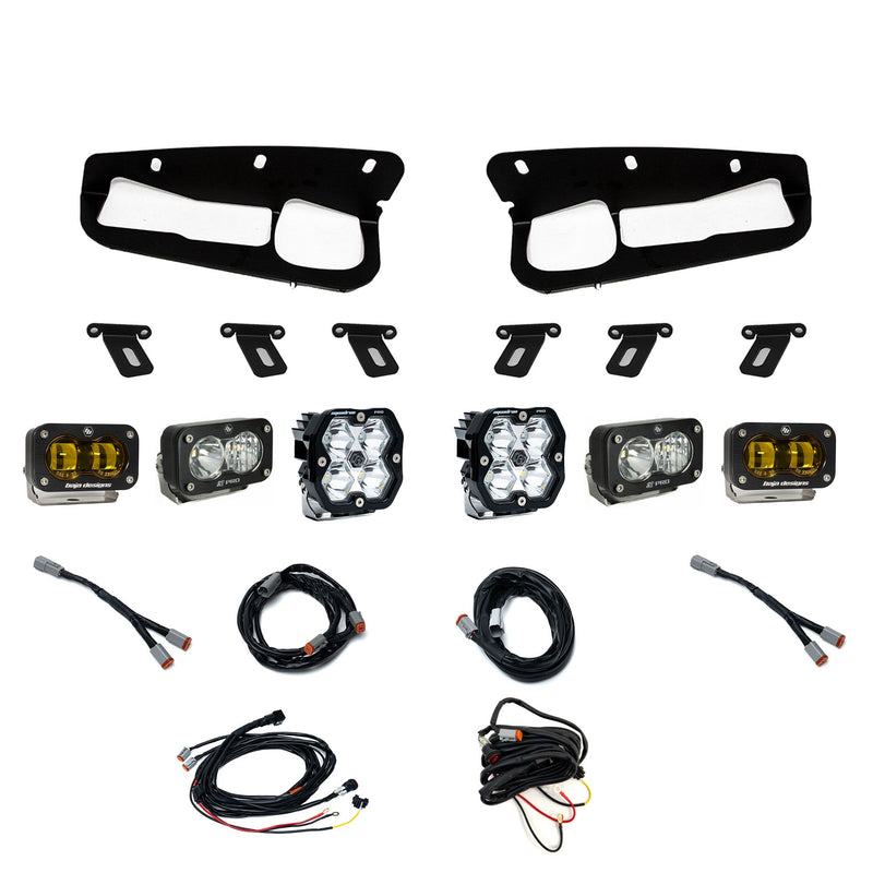 Baja Designs Squadron 2.0 Pro/S2 Pro/S2 SAE Pro Fog Pocket Light Kit, complete kit on a studio background: fog pocket light kit laid out on white: two black bezels, mounting brackets, two Squadron pods, four S2 pods and wiring harnesses. The outer