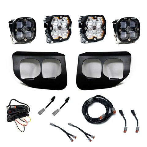 Baja Designs Squadron 2.0 Pro/Squadron SAE Dual Fog Pocket Light Kit, complete kit on a studio background: dual fog pocket kit with four square pods, two black twin bezels and wiring harnesses with a switch on white