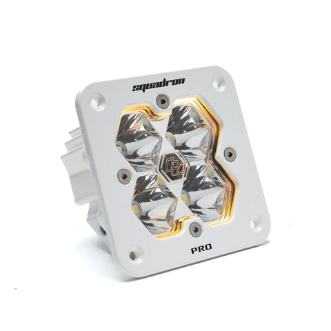 Baja Designs Squadron 2.0 Pro White Flush Mount LED Auxiliary Light Pod, whole product on a studio background: A white Baja Designs Squadron Pro flush mount LED pod with a clear spot lens on a white background