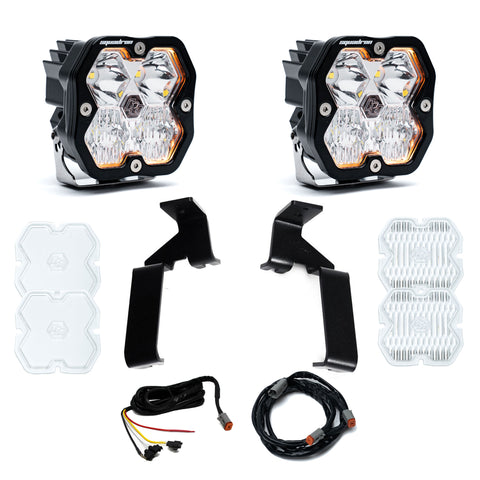Baja Designs Squadron 2.0 Sport A-Pillar Light Kit, complete kit on a studio background: A pair of Squadron Pro pods