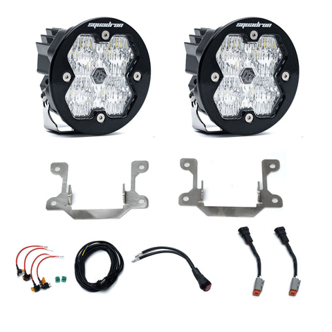 Baja Designs Squadron 2.0 Sport Fog Pocket Light Kit, complete kit on a studio background: pair of round clear lens fog lights