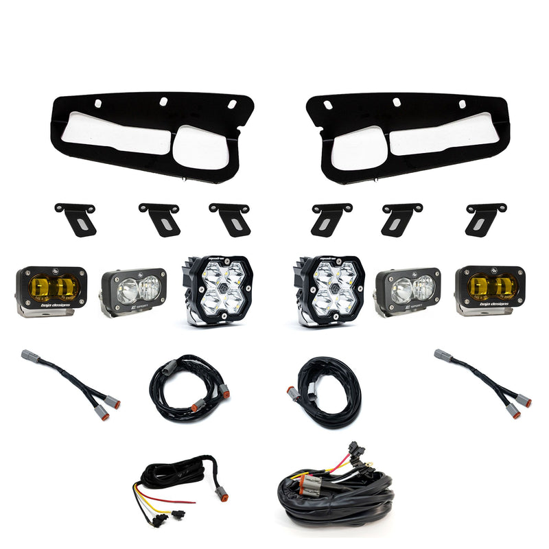 Baja Designs Squadron 2.0 Sport/S2 Sport/S2 SAE Sportman Fog Pocket Light Kit, complete kit on a studio background: fog pocket light kit laid out on white: two black bezels, mounting brackets, two Squadron pods, four S2 pods and wiring harnesses. The