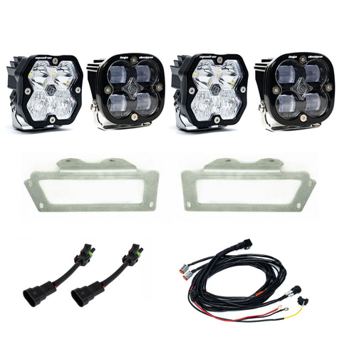 Baja Designs Squadron 2.0 Sport/Squadron SAE Dual Fog Pocket Light Kit, complete kit on a studio background: dual fog pocket light kit with four square Squadron pods, two stainless bezel frames, adapters and wiring harness on white