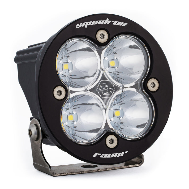 Baja Designs Squadron-R Racer Edition LED pod with clear lens and round bezel, three-quarter front view