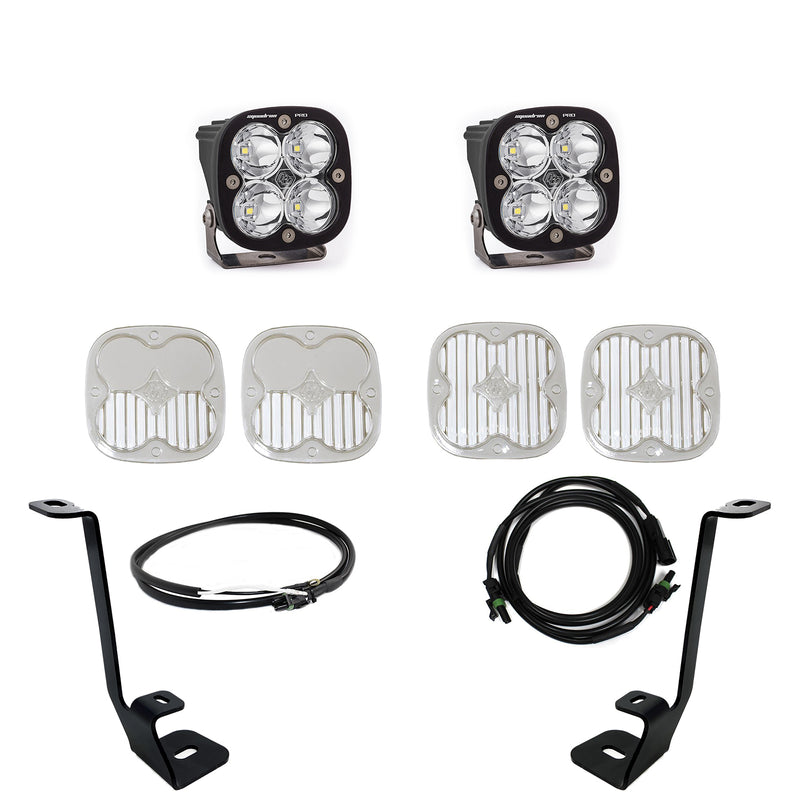 Baja Designs Squadron Pro A-Pillar Light Kit, complete kit on a studio background: two black Squadron pods