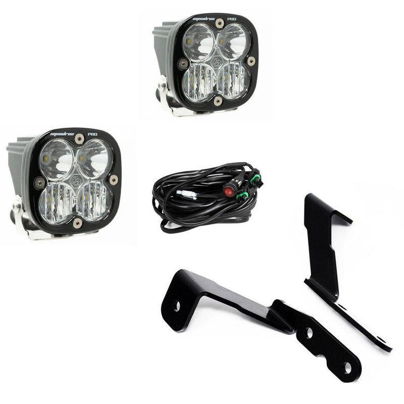 Baja Designs Squadron Pro A-Pillar Light Kit, complete kit on a studio background: two Squadron Pro LED pods