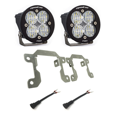 Baja Designs Squadron Pro Fog Pocket Light Kit, complete kit on a studio background: pair of round black Squadron Pro pods