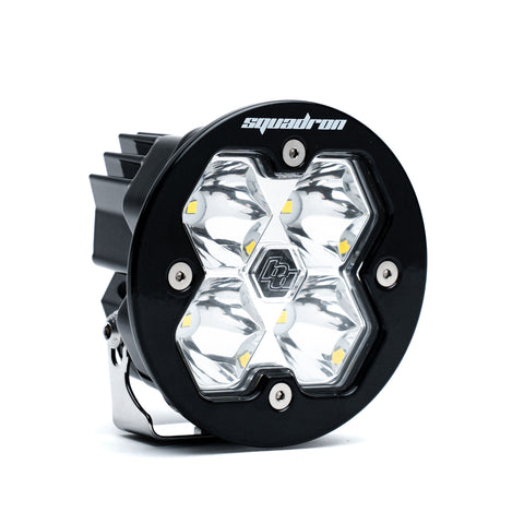 Baja Designs Squadron-R 2.0 Sport Black LED Auxiliary Light Pod, whole product on a studio background: A round black Squadron-R LED pod with a clear spot lens on a white background