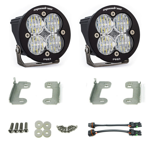 Baja Designs Squadron-R Pro Fog Pocket Light Kit, complete kit on a studio background: pair of round black Squadron-R Pro pods