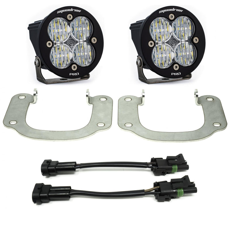 Baja Designs Squadron-R Pro Fog Pocket Light Kit, complete kit on a studio background: two round black Squadron Pro pods