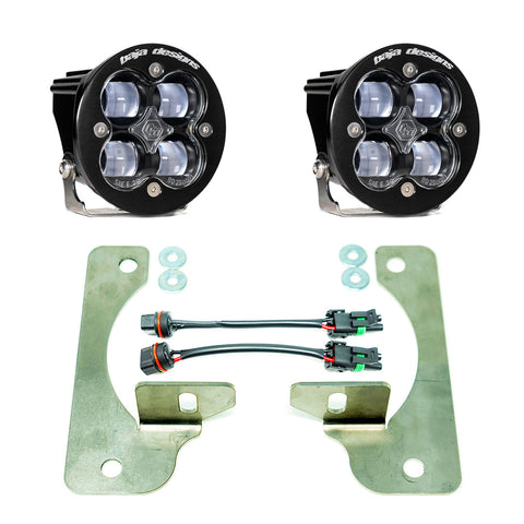 Baja Designs Squadron-R SAE Fog Pocket Light Kit, complete kit on a studio background: pair of round black Squadron-R SAE fog pods