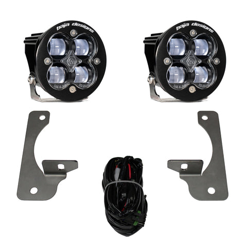 Baja Designs Squadron R SAE Fog Pocket Light Kit, complete kit on a studio background: two clear round Squadron-R SAE pods