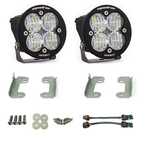 Baja Designs Squadron-R Sport Fog Pocket Light Kit, complete kit on a studio background: two clear round Squadron-R Sport pods