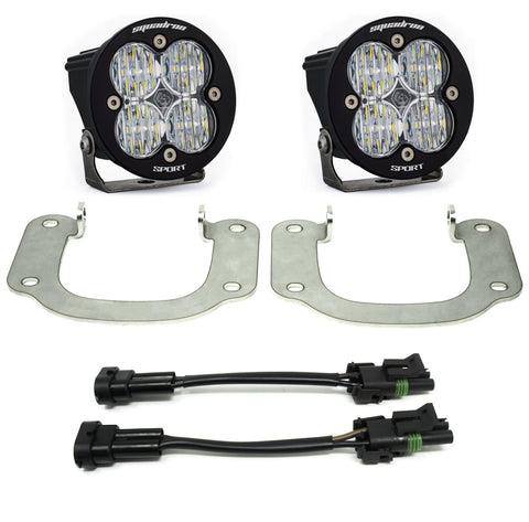Baja Designs Squadron-R Sport Fog Pocket Light Kit, complete kit on a studio background: two round black Squadron Sport pods