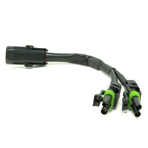 Baja Designs Squadron/S2/S1 2-Light Splitter, whole product on a studio background: A short Y splitter cable with one input connector branching to two weatherproof 2-pin connectors