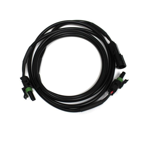 Baja Designs Squadron/S2/S1 55" Splitter, whole product on a studio background: A coiled long black cable with weatherproof 2-pin connectors on a white background