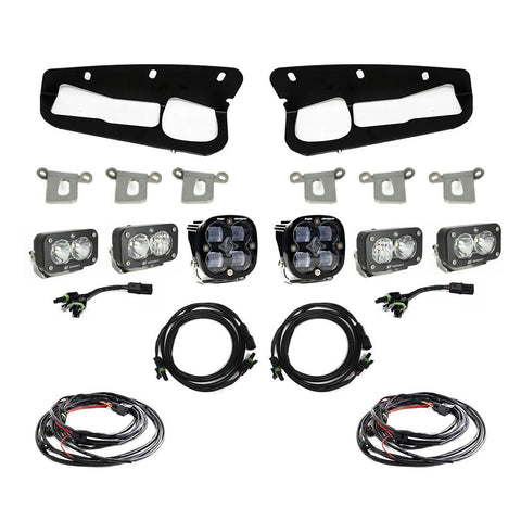 Baja Designs Squadron SAE/Dual S2 Sport Steel Bumper Fog Pocket Light Kit, complete kit on a studio background: bumper fog pocket kit