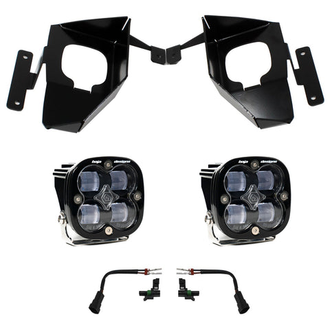 Baja Designs Squadron SAE Fog Pocket Light Kit, complete kit on a studio background: pair of black Squadron SAE fog pods