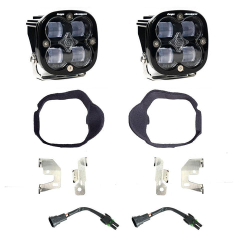 Baja Designs Squadron SAE Fog Pocket Light Kit, complete kit on a studio background: pair of square Squadron pods