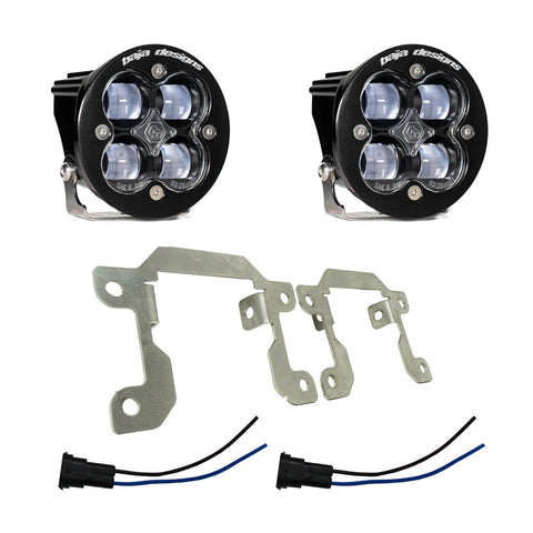 Baja Designs Squadron SAE Fog Pocket Light Kit, complete kit on a studio background: two round black Squadron SAE fog pods