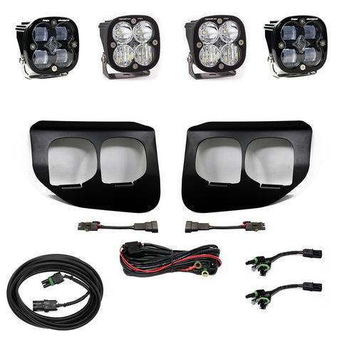 Baja Designs Squadron SAE/Pro Fog Pocket Light Kit, complete kit on a studio background: dual fog pocket kit with four square Squadron pods (all clear lenses), two black bezels and harnesses on white