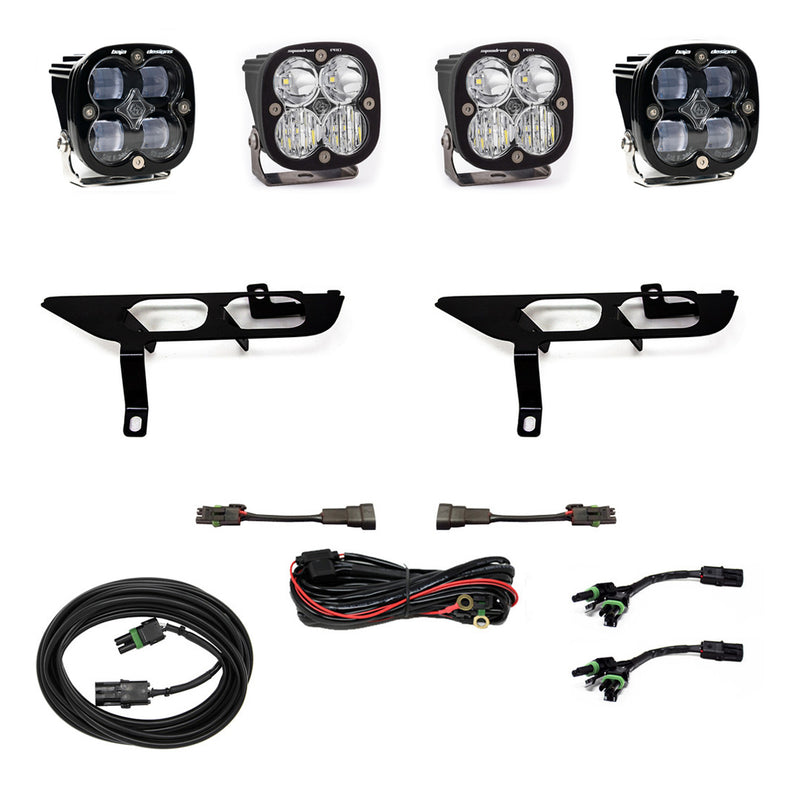 Baja Designs Squadron SAE/Pro Fog Pocket Light Kit, complete kit on a studio background: four black Squadron pods