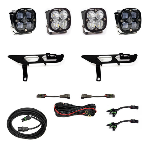 Baja Designs Squadron SAE/Pro Fog Pocket Light Kit, complete kit on a studio background: four black Squadron pods