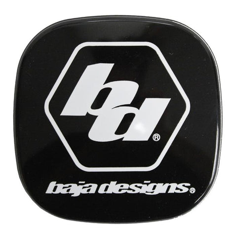 Baja Designs Squadron Single Rock Guard, whole product on a studio background: A black Squadron rock guard printed with the Baja Designs logo and wordmark on a white background
