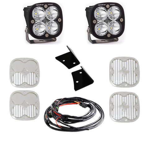 Baja Designs Squadron Sport A-Pillar Light Kit, complete kit on a studio background: two black Squadron Sport pods