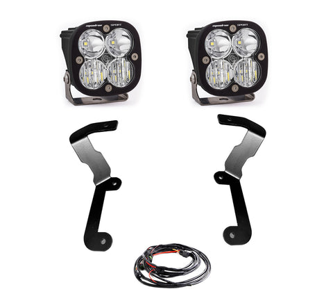 Baja Designs Squadron Sport A-Pillar Light Kit, complete kit on a studio background: two black Squadron Sport pods