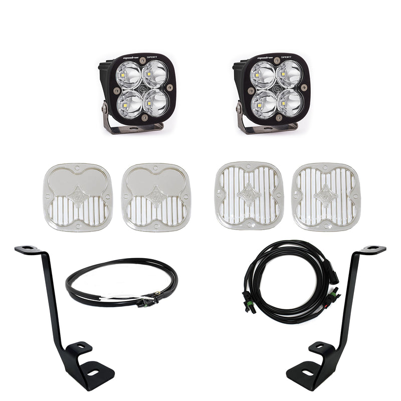 Baja Designs Squadron Sport A-Pillar Light Kit, complete kit on a studio background: two Squadron Sport LED pods